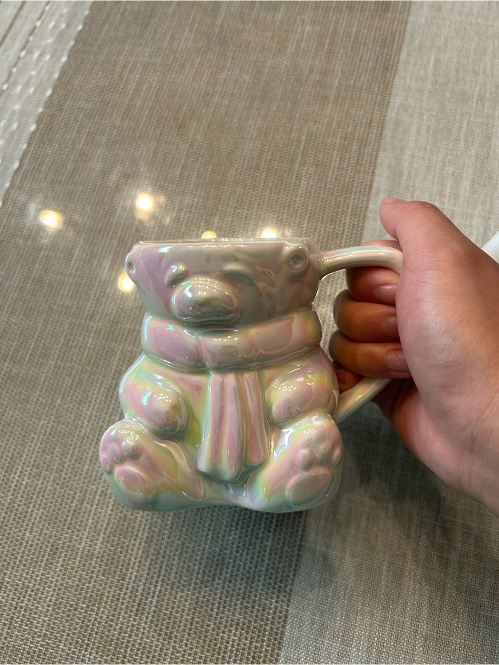 Anthropologie Iridescent Pastel Bear Mug - Pink, Green & Cream